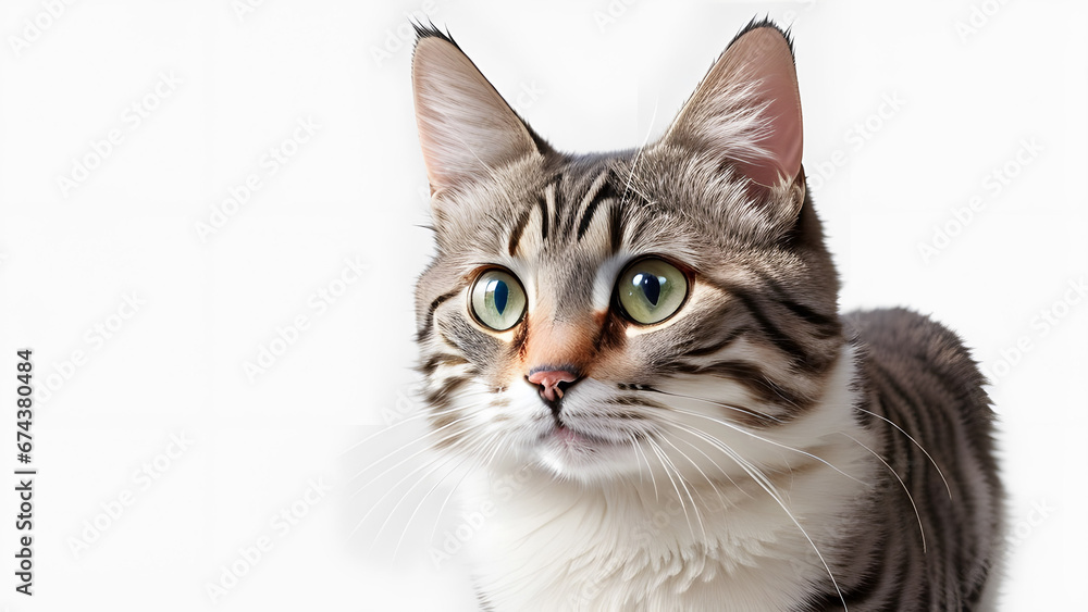 Cute tabby cat facing the camera white background closeup