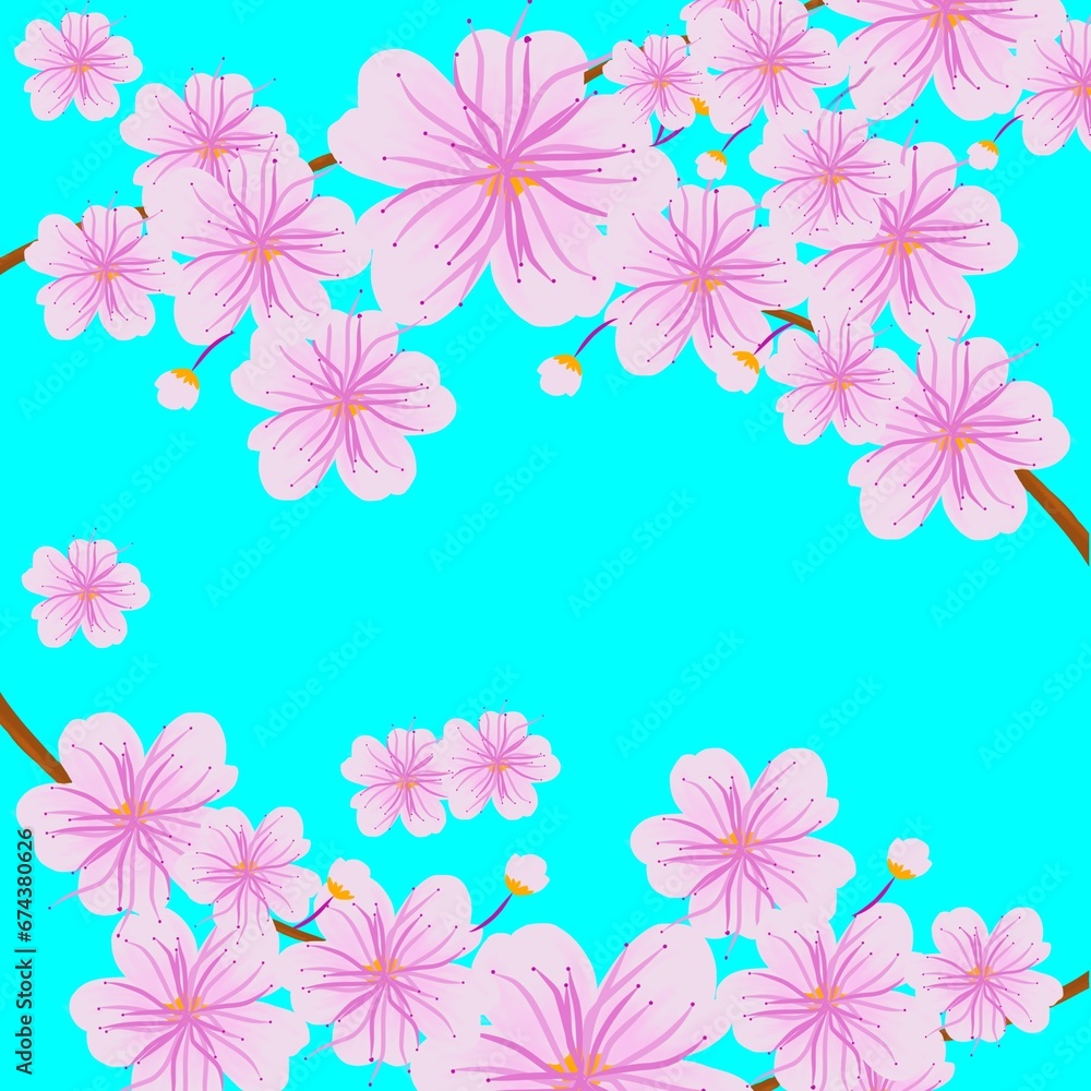 flowers background, sakura frame with blue background