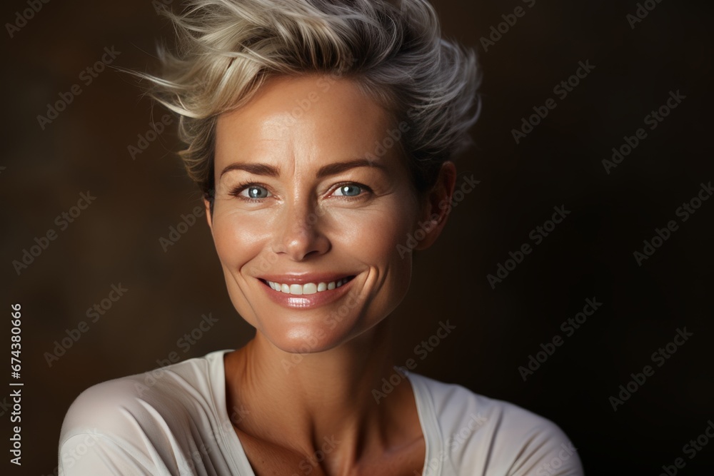 Close-up portrait of beautiful middle-aged woman looking at camera. Mature blonde lady with healthy face skin. Natural beauty, anti-wrinkle cosmetics, skincare concept. Black background, copy space. Close-up portrait of beautiful middle-aged woman looking at camera. Mature blonde lady with healthy face skin. Natural beauty, anti-wrinkle cosmetics, skincare concept. Black background, copy space.