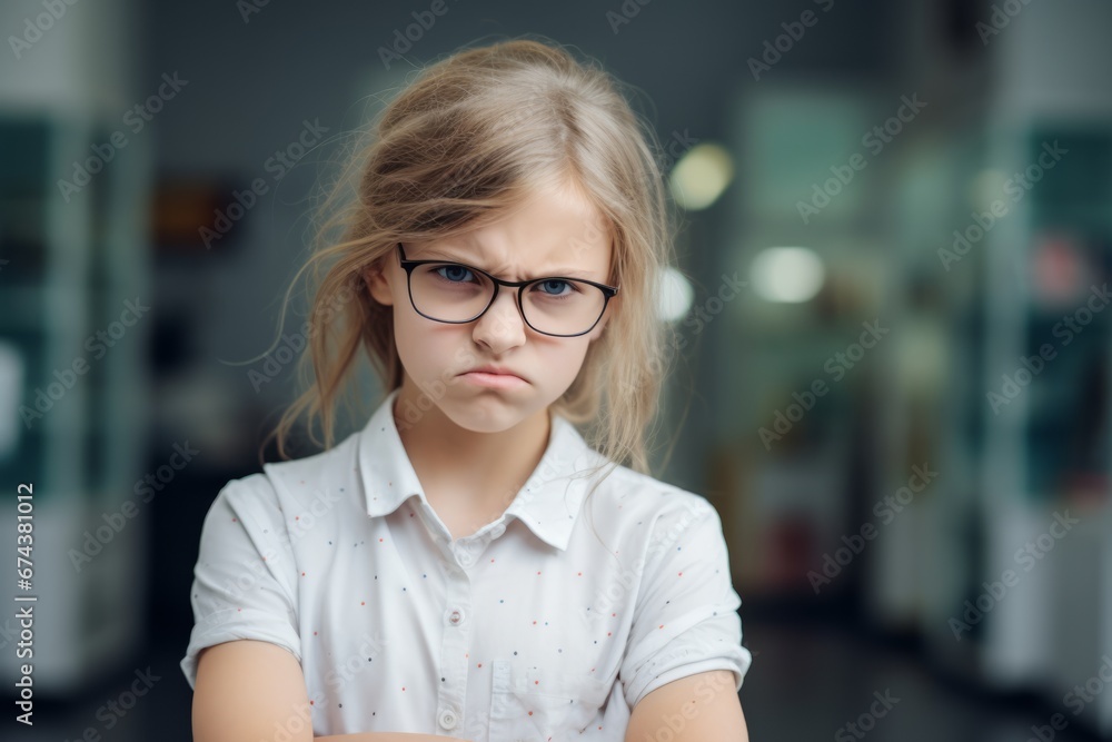 Portrait of a little sullen girl in a home setting, folding her arms and frowning eyebrows. Cute little girl is upset and offended. Beautiful child expresses negative emotion with face and pose. Portrait of a little sullen girl in a home setting, folding her arms and frowning eyebrows. Cute little girl is upset and offended. Beautiful child expresses negative emotion with face and pose.