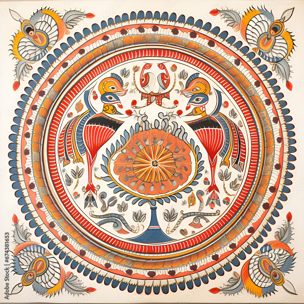 Indian traditional ornament, sparrow in a circular frame in traditional design 