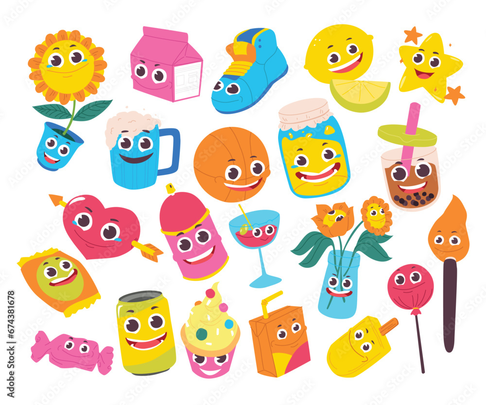 Set of cute retro smiley comic cartoon character. Happy world smile day with objects hipster or pop art style sticker and label childish drawing Set of cute retro smiley comic cartoon character. Happy world smile day with objects hipster or pop art style sticker and label childish drawing