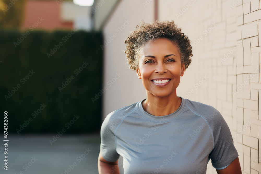 Close-up portrait of slender mature African American woman in sportswear while training outdoor. Attractive smiling black lady jogging or walking in city street. Active lifestyle in urban environment.
