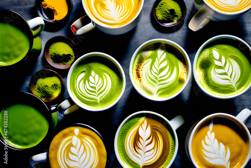 Many matcha and turmeric lattes in mugs with latte art overhead view generative AI
 photo