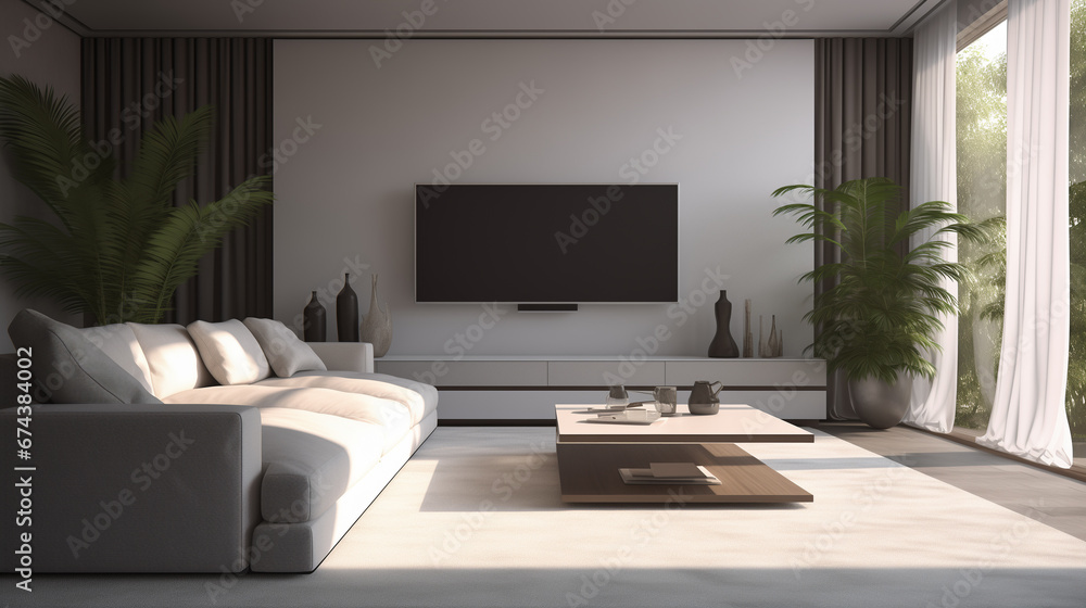 A spacious modern living room with a large sofa and a TV, High and short depth of field, futuristic, high detail A spacious modern living room with a large sofa and a TV, High and short depth of field, futuristic, high detail