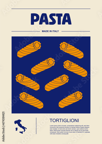 Italian macaroni types, labels for packages set. Tortiglioni pasta. Organic and natural product, gourmet ingredient for cooking dishes. Handmade and tasty. Vector in flat style
