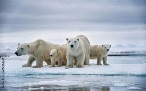 A family of polar bears navigating the icy expanse of the Arctic
