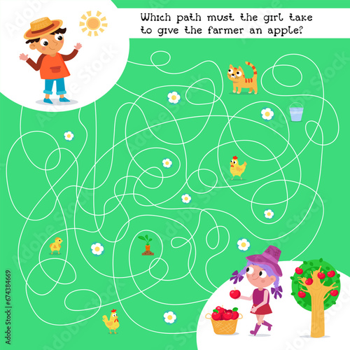 Maze game, activity for kids. Puzzle for children. Which path must the girl take to give the farmer an apple? Draw all paths. Farm and food. Vector illustration. © AngArt