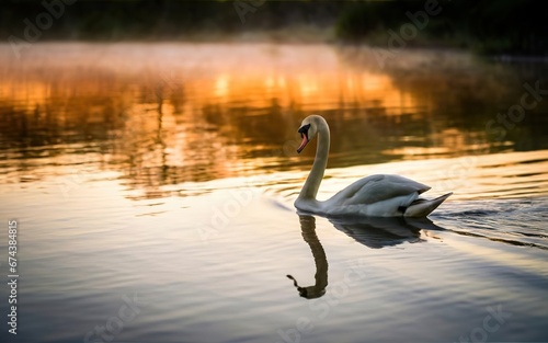 A graceful and elegant swan gliding across the calm surface of a serene lake at sunrise