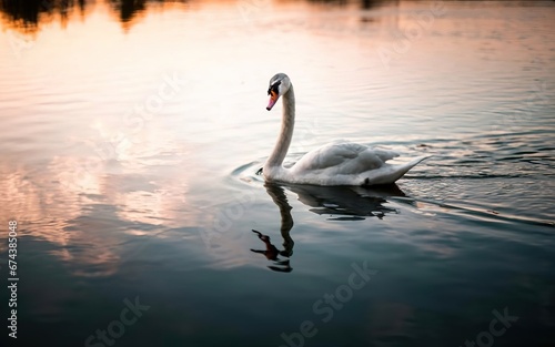 A graceful and elegant swan gliding across the calm surface of a serene lake at sunrise