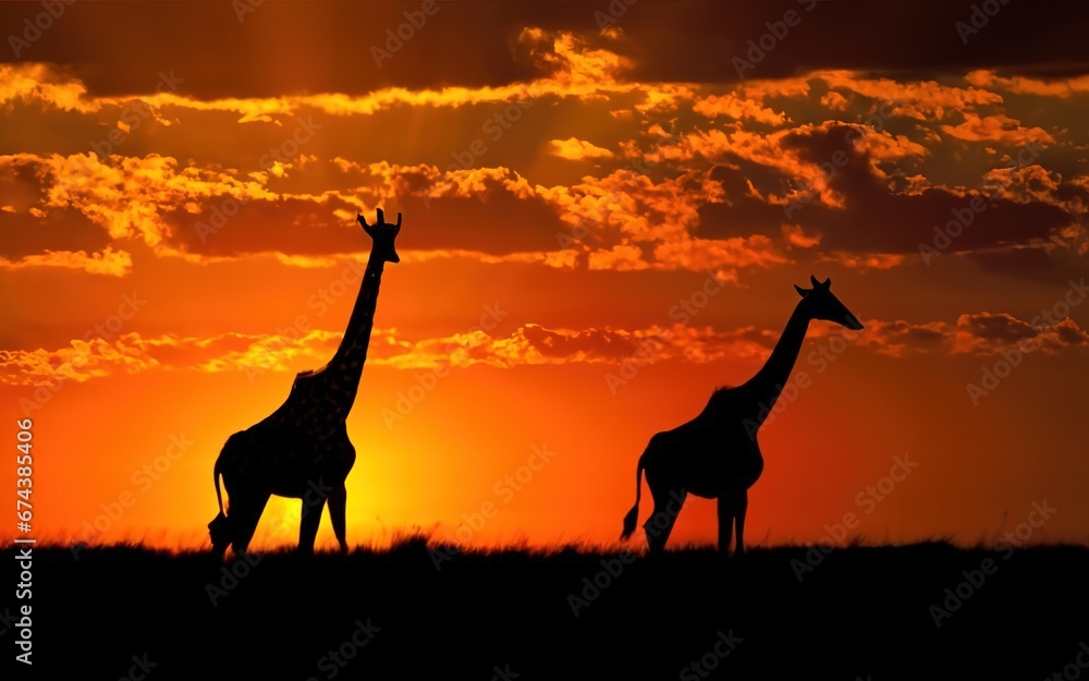 A pair of graceful giraffes silhouetted against the vibrant hues of an African sunset A pair of graceful giraffes silhouetted against the vibrant hues of an African sunset