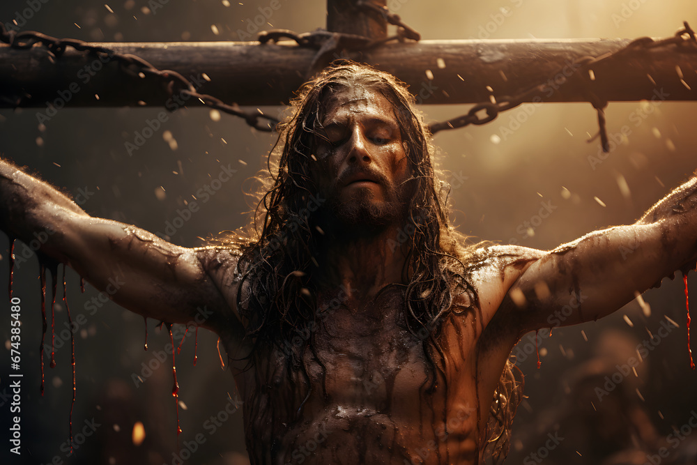 Powerful and poignant image of Jesus Christ on the cross, conveying sacrifice, salvation, and hope. A symbol of faith and love. - obrazy, fototapety, plakaty 