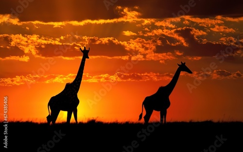 A pair of graceful giraffes silhouetted against the vibrant hues of an African sunset