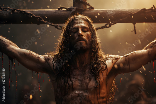 Powerful and poignant image of Jesus Christ on the cross, conveying sacrifice, salvation, and hope. A symbol of faith and love. © xavmir2020