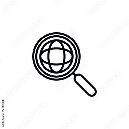 Magnifying glass with globe, network global searching outline icon. Vector illustration. The isolated icon suits the web, infographics, interfaces, and apps.