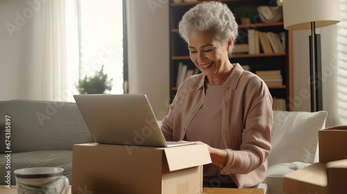 Unpacking Cheer: A White-Haired Elderly Woman Opening a Gift Box with Joy & on video call 