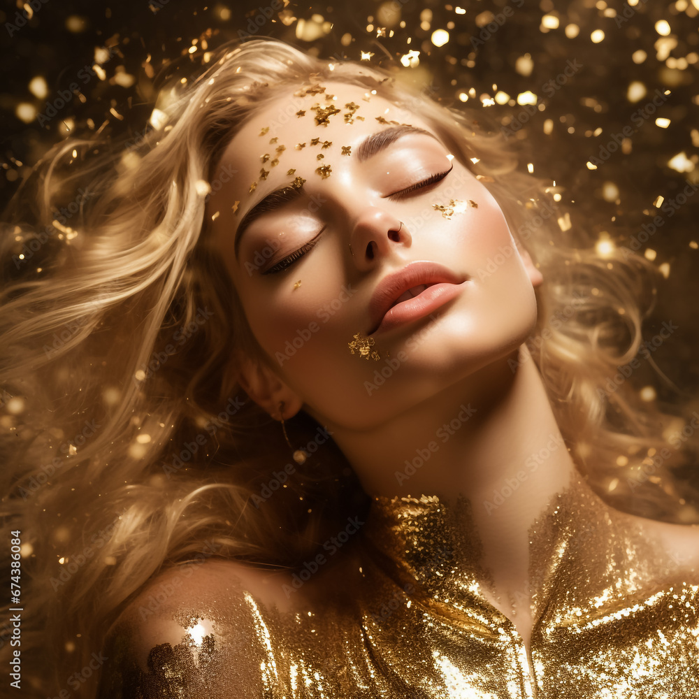Fictional Blonde Woman in Gold Glittering Dress, Closed Eyes, Lush Hair, Golden Glitter Background, Luxury Premium Advertising Fictional Blonde Woman in Gold Glittering Dress, Closed Eyes, Lush Hair, Golden Glitter Background, Luxury Premium Advertising