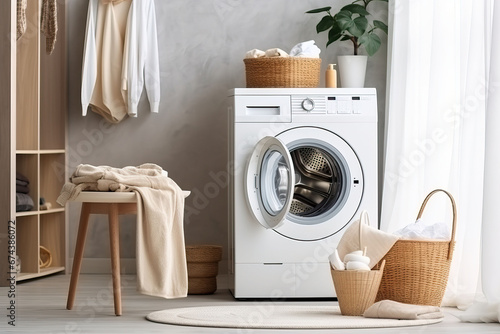 Laundry room interior with washing machine and basket with clean towels and accessories photo