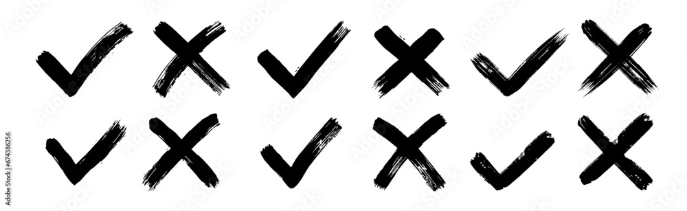 Dirty grunge hand drawn with brush strokes cross X and tick OK check marks V vector illustration set isolated on white background. Check mark symbol NO and YES buttons for vote in the box, web, etc - obrazy, fototapety, plakaty 