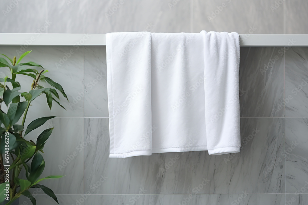 Fototapeta premium White towel hanging on the wall in the bathroom, Bathroom interior design