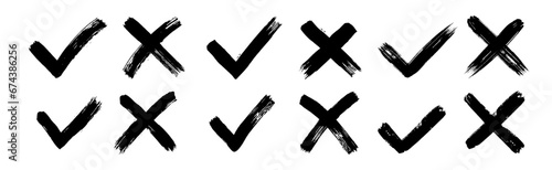 Dirty grunge hand drawn with brush strokes cross X and tick OK check marks V vector illustration set isolated on white background. Check mark symbol NO and YES buttons for vote in the box, web, etc