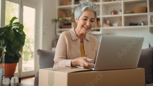Seniors Embrace Technology: Happy Old Woman Working Online with Laptop from Home photo