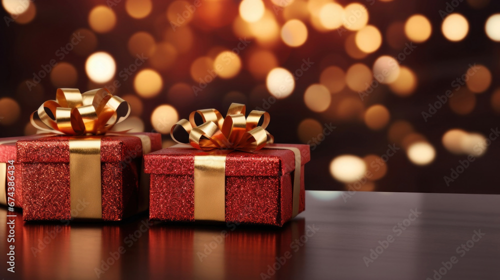 Golden gift presents on a light dark red background with colorful bokeh and stars glittering Golden gift presents on a light dark red background with colorful bokeh and stars glittering