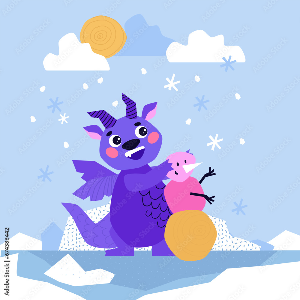 Naklejka premium Dragon. February. Winter season. Cute Dragon cartoon mascot character. Happy New Year of the Dragon. The dragon made a snowman.