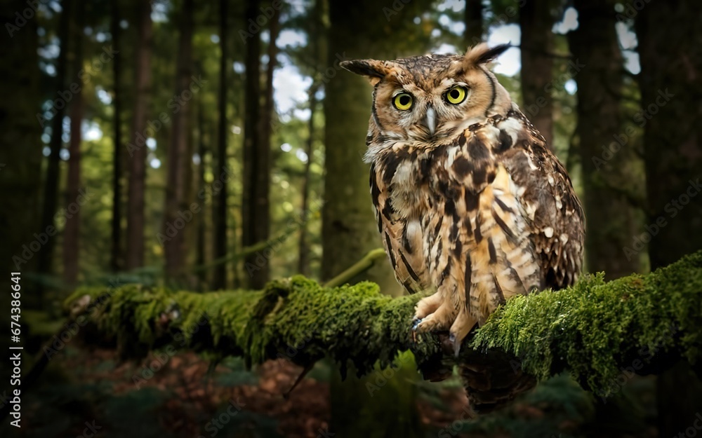 A wise and watchful owl perched on a moss covered tree branch in a mystical forest A wise and watchful owl perched on a moss covered tree branch in a mystical forest