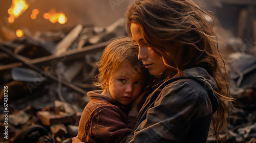 mom hugs a child against the background of a destroyed house and a fire, war