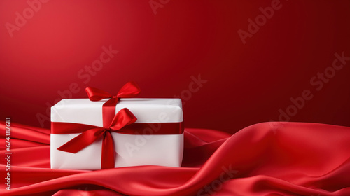 Wallpaper Mural White gift box with red ribbon on red silk background Torontodigital.ca
