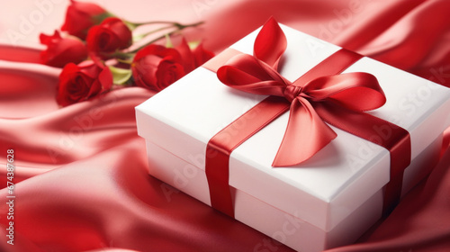 White gift box with red ribbon on red silk background with roses