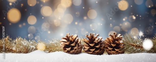 Banner With Snowy Pine Cones, Fir Branches, And Lights Luxurious Christmas Background With Sparkling Effect And Shining Background Space For Text