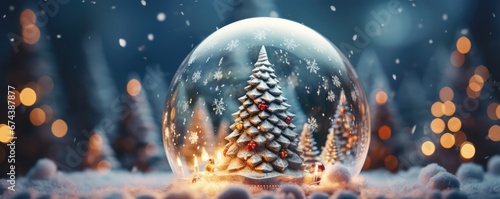 Christmas Tree Shines Inside A Snow Globe Space For Text. Сoncept Winter Wonderland, Magical Christmas Tree, Snowy Landscape, Festive Decorations, Holiday Cheer