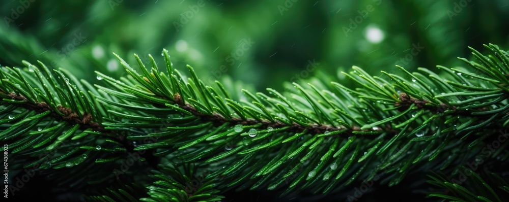 Macro Shot Of A Christmas Tree Background Space For Text. Сoncept Winter Landscape, Festive Decorations, Cozy Holiday Vibes, Magical Christmas Moments, Glowing Twinkle Lights