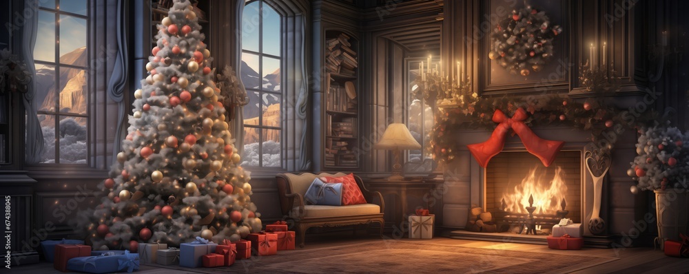 Magical Interior With Glowing Tree, Fireplace, And Gifts Space For Text. Сoncept Cozy Winter Wonderland, Festive Fireplace Decor, Enchanted Christmas Tree, Gift Giving Extravaganza