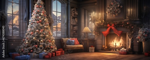 Magical Interior With Glowing Tree, Fireplace, And Gifts Space For Text. Сoncept Cozy Winter Wonderland, Festive Fireplace Decor, Enchanted Christmas Tree, Gift Giving Extravaganza