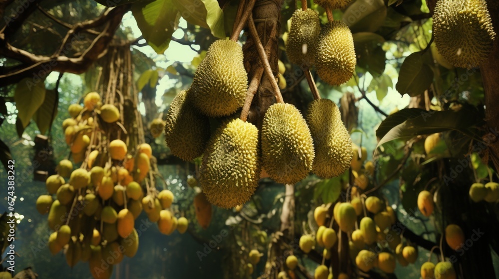 A Durian tree full of hanging fruits in various stages of ripeness