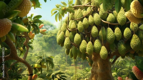 A Durian tree full of hanging fruits in various stages of ripeness, capturing the cycle of growth and harvest.