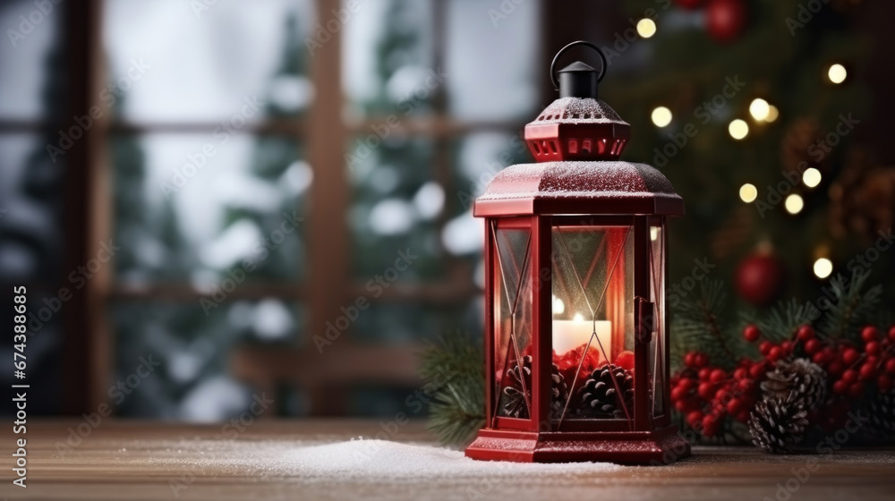 Red Christmas lantern on snowy wooden table with fir branches and ornaments.