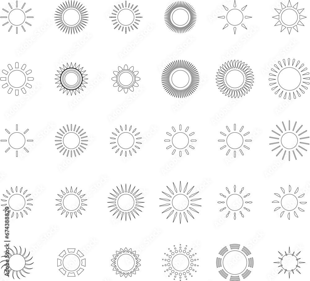 Sun line icon set. Sun outline star icons or logo collection. Summer, sunlight, sunset, sunburst. Vector illustration. Sun line icon set. Sun outline star icons or logo collection. Summer, sunlight, sunset, sunburst. Vector illustration.