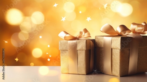 Golden gift presents on a light orange background with colorful bokeh and stars glittering © tashechka