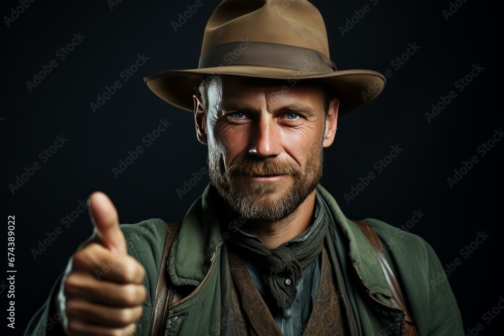 Portrait of a mature man in cowboy clothes and hat against the black background. The Red Dead Redemption character looks at the camera with a confident smile and gives a thumbs up.