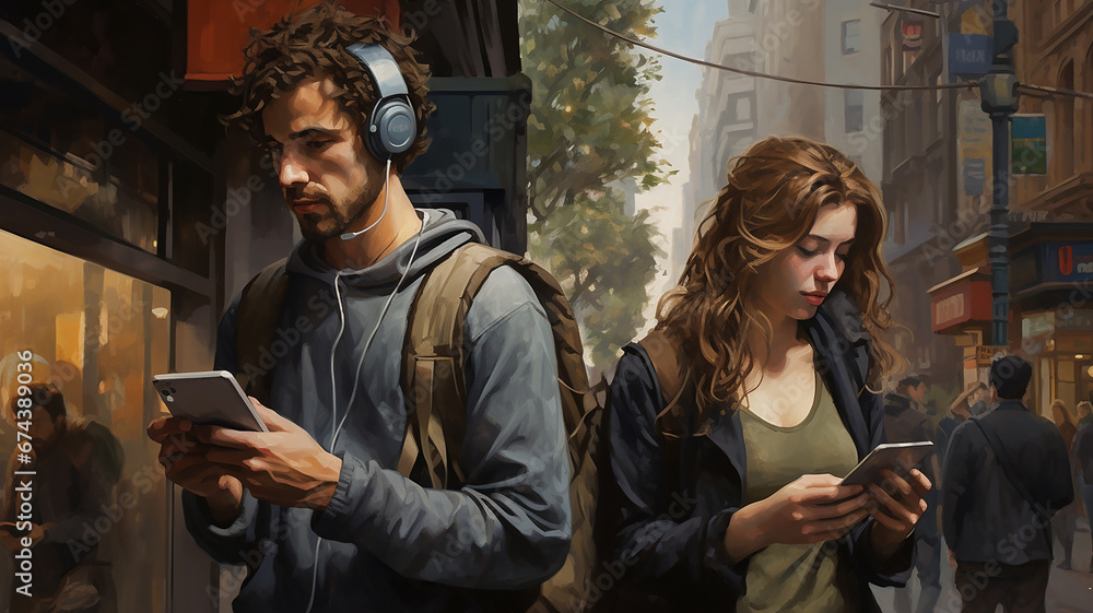 Young couple in the city with mobile phone and headphones listening to music
