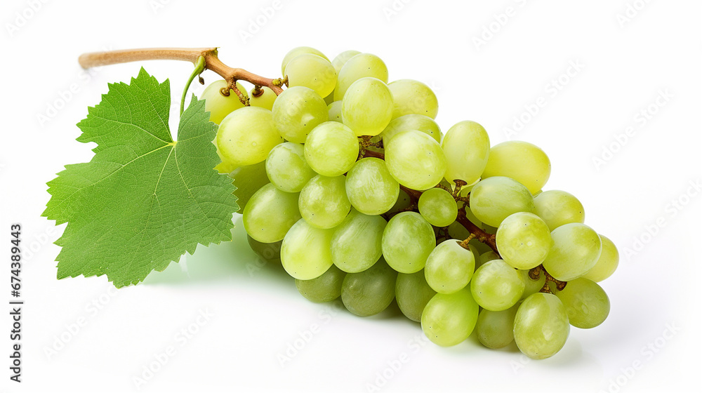 Obraz premium Grapes isolated on white background Green grapes with grape leaves, young shoots.