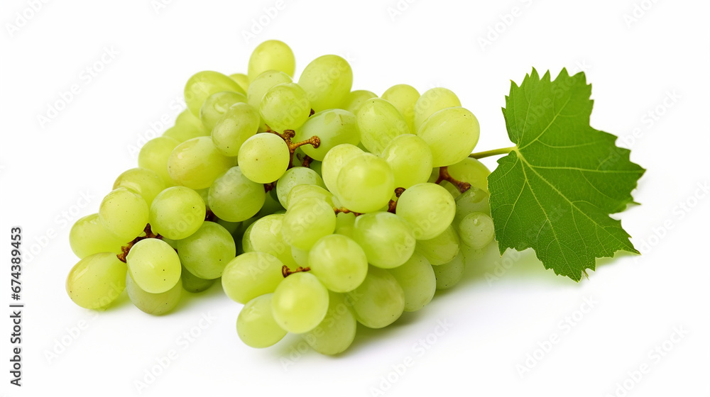 Grapes isolated on white background Green grapes with grape leaves, young shoots.