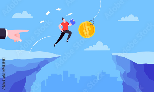Fishing money chase business concept with businessman running after dangling dollar jumps over the cliff. Working hard and always busy in the loop routine flat style design vector illustration.