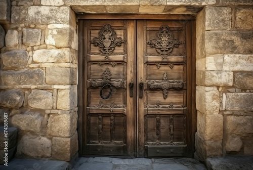 Ancient wooden door with old decoration. Historical doorway architecture with medieval ornament. Generate ai