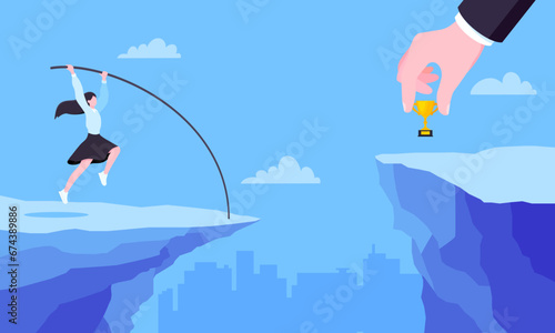 Businesswoman jumps pole vault over graph bars flat style design vector illustration business concept. Business growth and goal achievement concept.