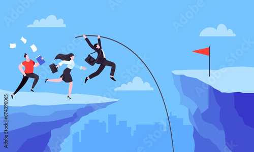 Business people runs and jumps pole vault over graph bars flat style design vector illustration business concept. Business growth and goal achievement concept.